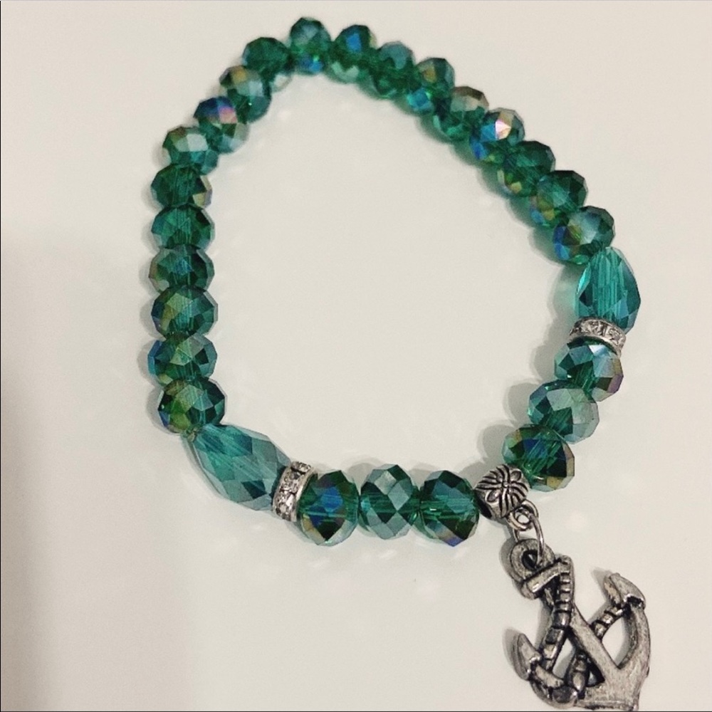 Handmade Teal Green Silver Anchor Beaded Bracelet Jewelry (with love)